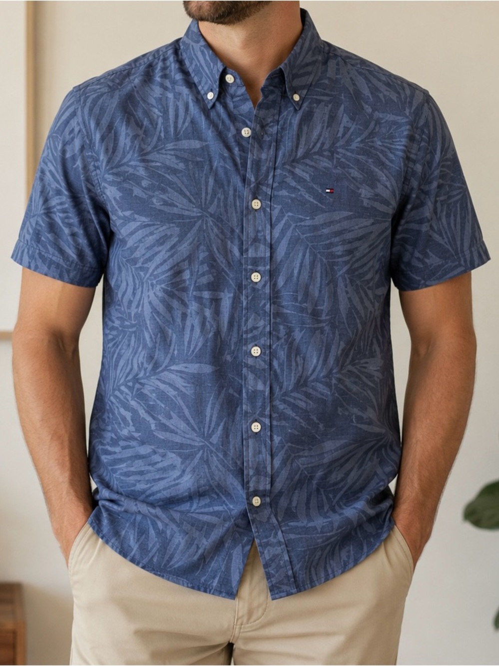 Tommy Hilfiger Shirt Mens M Blue Palm Leaf Print Button Down Short Sleeve